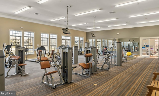 gym with dark carpet, ornamental molding, and a healthy amount of sunlight