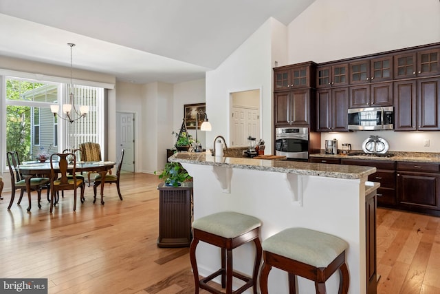 kitchen with light hardwood / wood-style flooring, stainless steel appliances, and dark brown cabinets