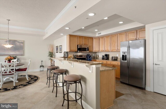 kitchen with pendant lighting, light stone countertops, kitchen peninsula, appliances with stainless steel finishes, and a raised ceiling