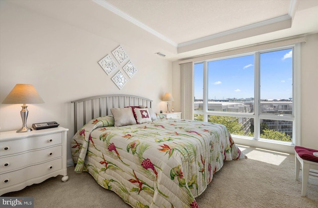 bedroom with ornamental molding, a tray ceiling, and carpet floors