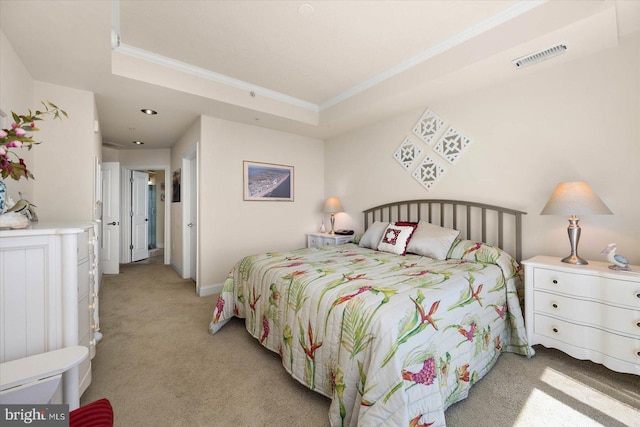 bedroom with a raised ceiling and carpet