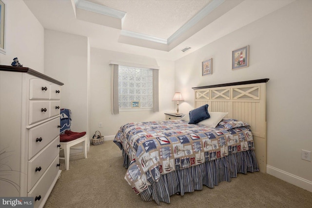 carpeted bedroom with a raised ceiling