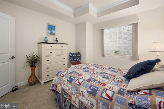 bedroom with crown molding, light carpet, and a raised ceiling