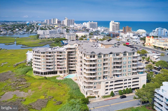 drone / aerial view featuring a water view