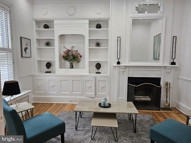 living room featuring wood-type flooring and a premium fireplace