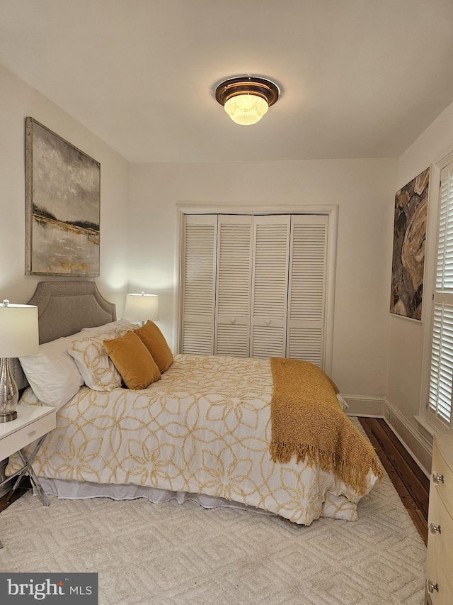 bedroom with wood-type flooring and a closet