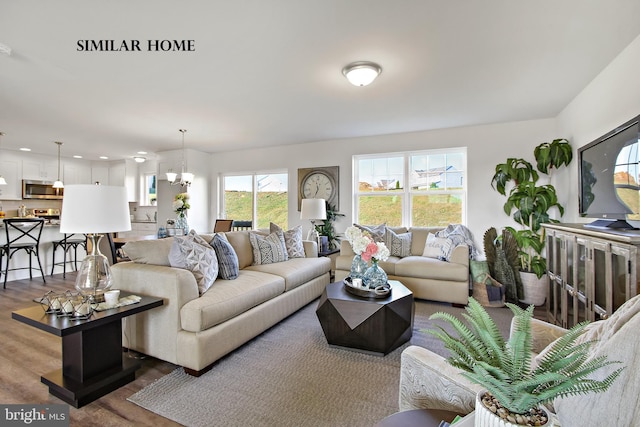 living room featuring hardwood / wood-style flooring and an inviting chandelier