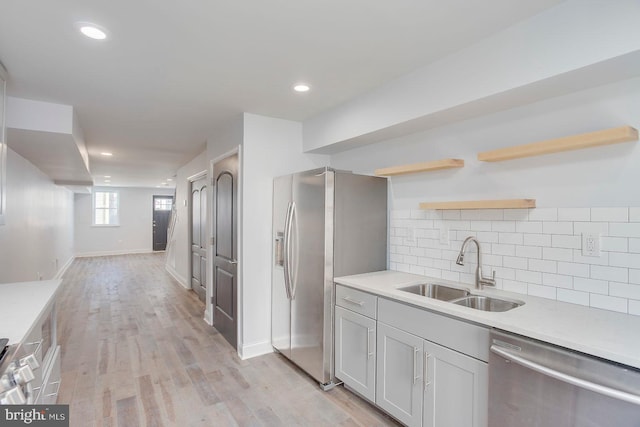 kitchen with sink, appliances with stainless steel finishes, backsplash, and light hardwood / wood-style flooring