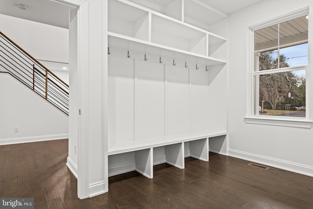 mudroom featuring dark wood-type flooring