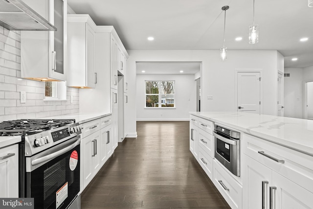 kitchen with appliances with stainless steel finishes, dark hardwood / wood-style flooring, light stone counters, decorative light fixtures, and white cabinets