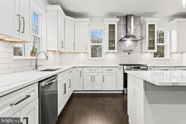 kitchen with white cabinetry, sink, dark wood-type flooring, wall chimney range hood, and appliances with stainless steel finishes