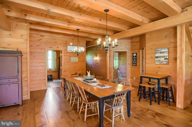 dining space featuring an inviting chandelier, beam ceiling, wood walls, and wooden ceiling