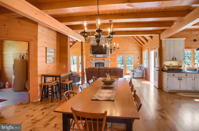 dining area featuring electric water heater, a fireplace, wood walls, lofted ceiling with beams, and wooden ceiling