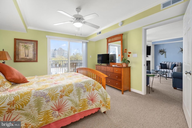 carpeted bedroom with access to exterior, ceiling fan, and ornamental molding