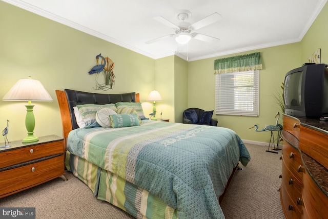 bedroom with ceiling fan, crown molding, and light colored carpet