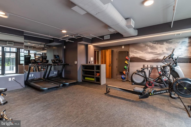 exercise room with carpet flooring