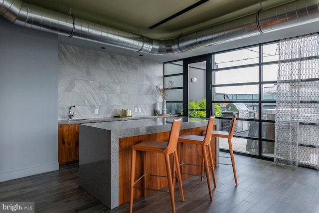 kitchen featuring tasteful backsplash, dark hardwood / wood-style flooring, and sink