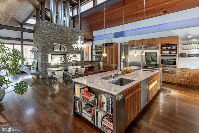 kitchen with dark wood-type flooring, a high ceiling, stainless steel appliances, sink, and an island with sink