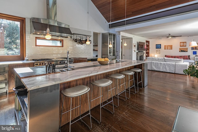 kitchen featuring vaulted ceiling, an island with sink, dark wood-type flooring, and wall chimney exhaust hood