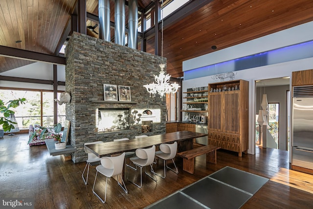 dining space with wooden ceiling, high vaulted ceiling, dark hardwood / wood-style flooring, and a notable chandelier