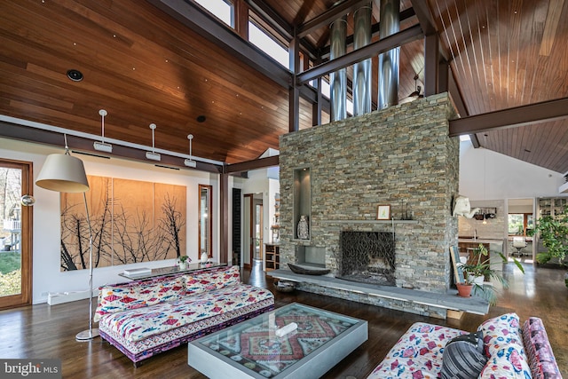 living room featuring wooden ceiling, plenty of natural light, high vaulted ceiling, and dark wood-type flooring