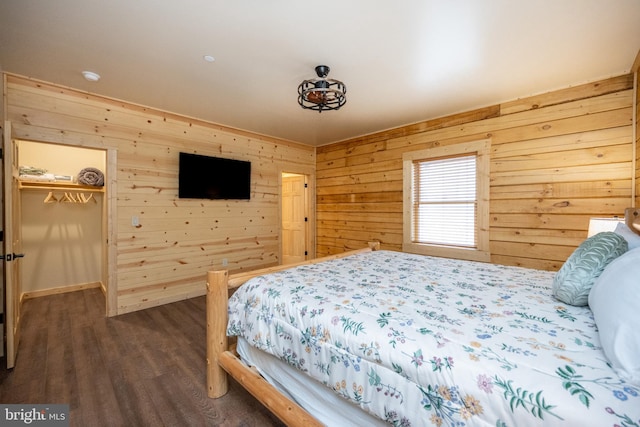 bedroom with a spacious closet, dark hardwood / wood-style floors, and a closet