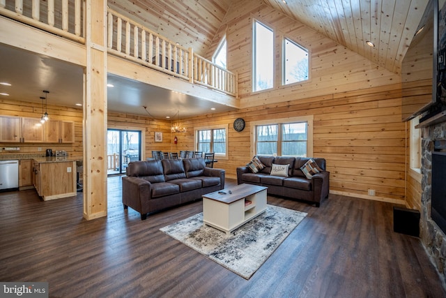 living room with dark hardwood / wood-style floors, high vaulted ceiling, wood walls, and wood ceiling