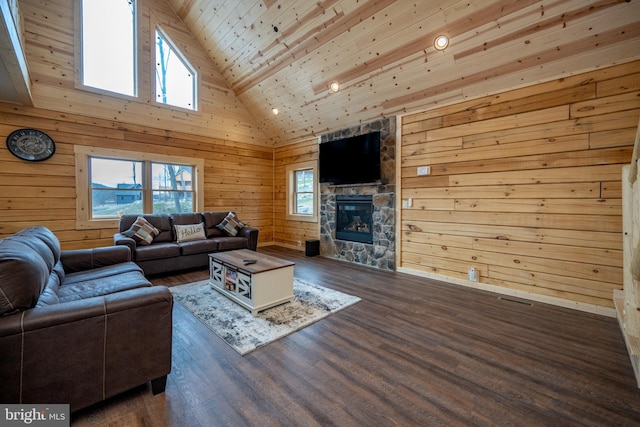 living room featuring high vaulted ceiling, plenty of natural light, dark hardwood / wood-style floors, and wood ceiling