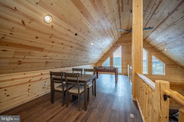 interior space with wooden ceiling, vaulted ceiling, and hardwood / wood-style floors