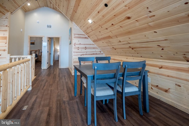 unfurnished dining area featuring dark wood-type flooring, wooden walls, wood ceiling, and vaulted ceiling