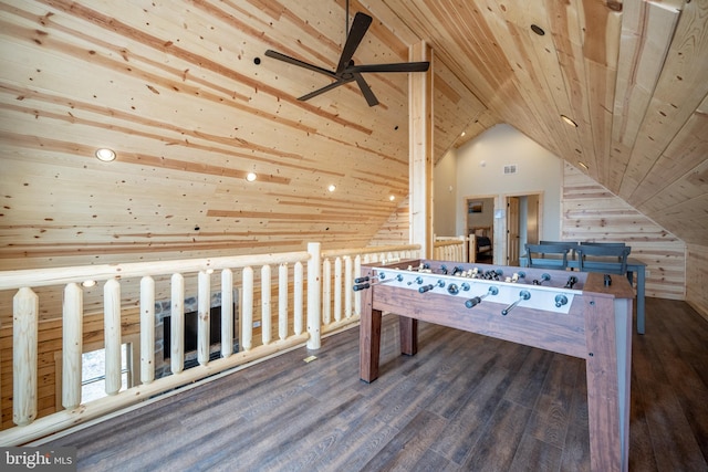 game room with vaulted ceiling, hardwood / wood-style floors, ceiling fan, and wooden ceiling