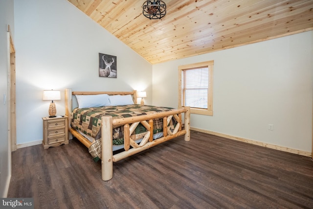 bedroom with high vaulted ceiling, wooden ceiling, and dark hardwood / wood-style flooring