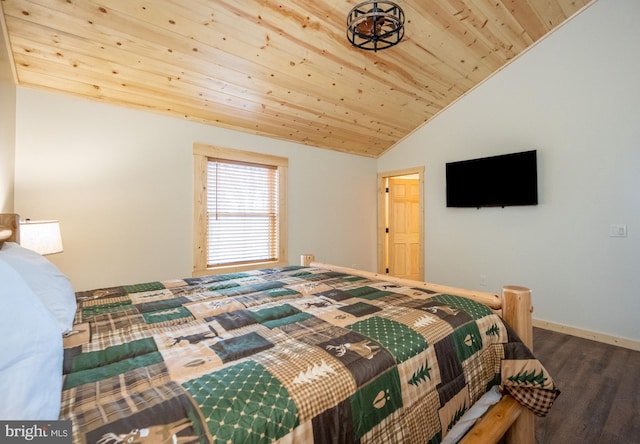 bedroom featuring wooden ceiling, hardwood / wood-style flooring, and lofted ceiling