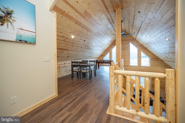 bonus room with dark hardwood / wood-style floors, ceiling fan, wooden ceiling, wooden walls, and lofted ceiling