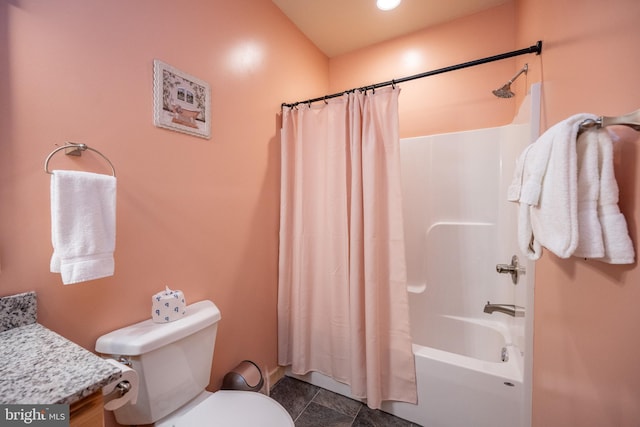 full bathroom with tile flooring, shower / bath combo, vanity, and toilet