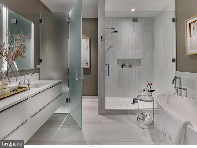 301 S Broad Unit 804, Philadelphia, PA 19107 - bathroom with independent shower and bath, vanity, and tile floors