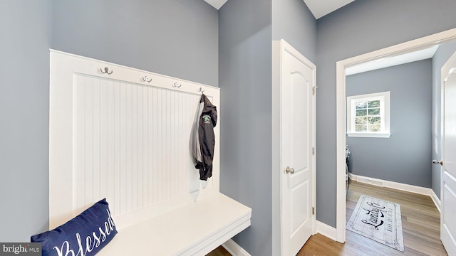 mudroom with hardwood / wood-style floors