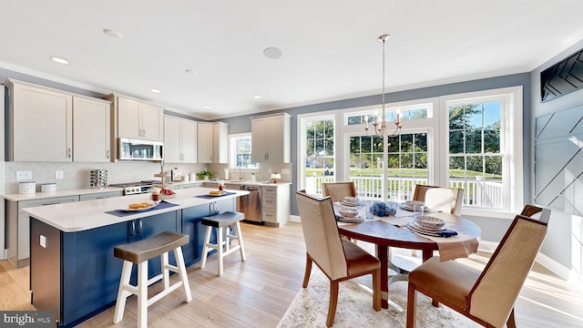 kitchen featuring light hardwood / wood-style flooring, a center island, backsplash, and stainless steel appliances