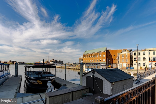 dock area with a water view