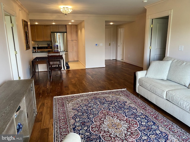 living room with ornamental molding, sink, and dark wood-type flooring