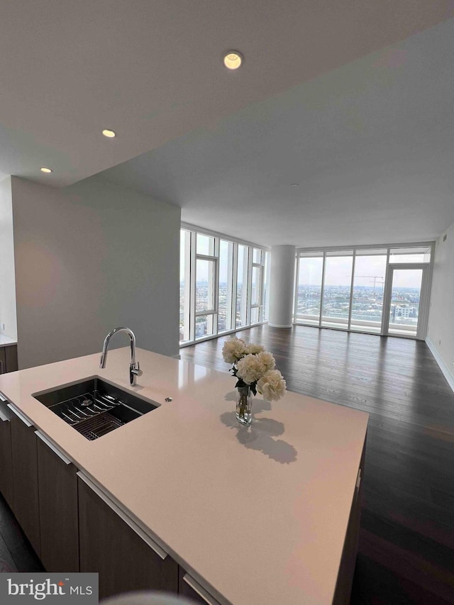 kitchen featuring an island with sink, sink, dark hardwood / wood-style floors, and expansive windows