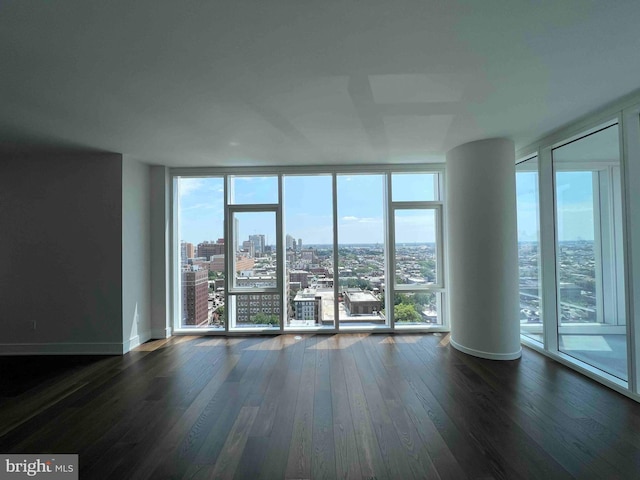 unfurnished room featuring dark hardwood / wood-style flooring and a wall of windows