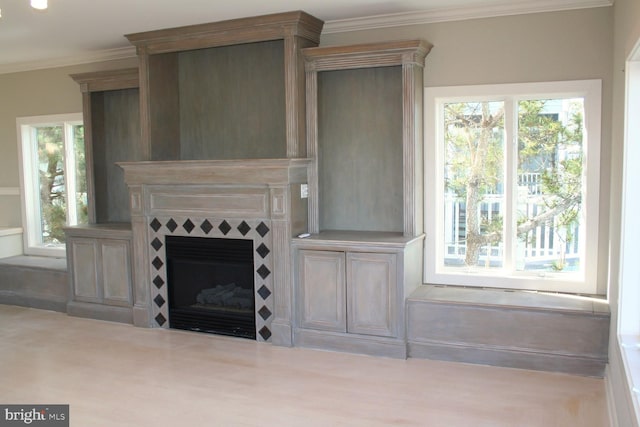 1707 Bay St, Fenwick Island, DE 19944 - interior space with a fireplace, crown molding, and wood finished floors