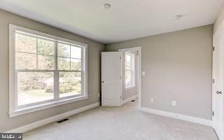 unfurnished bedroom featuring multiple windows and light colored carpet