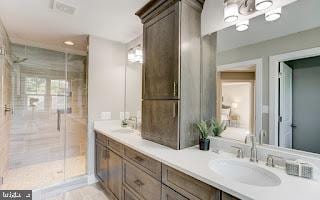 bathroom with a wealth of natural light, vanity, and a shower with shower door