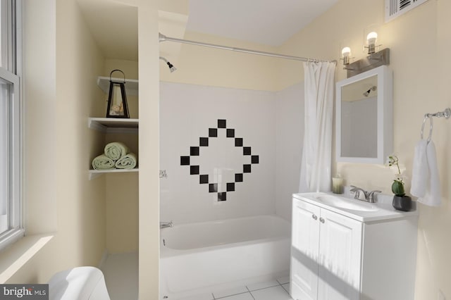 full bathroom with vanity, shower / bathtub combination with curtain, toilet, and tile patterned floors