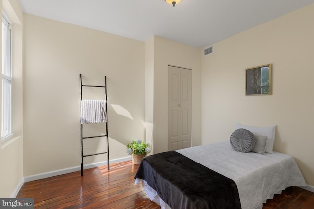 bedroom featuring multiple windows, dark hardwood / wood-style floors, and a closet