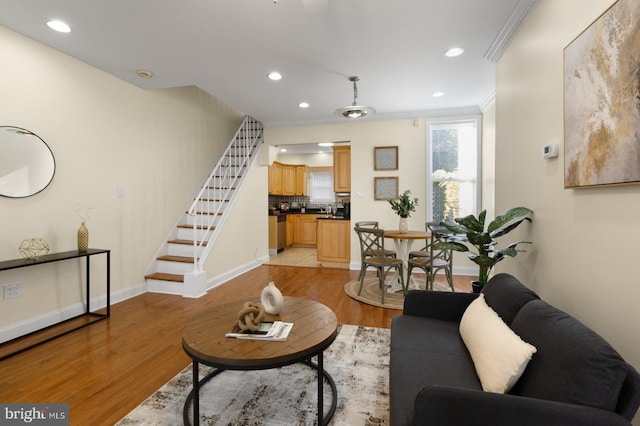 living room featuring ornamental molding and light wood-type flooring