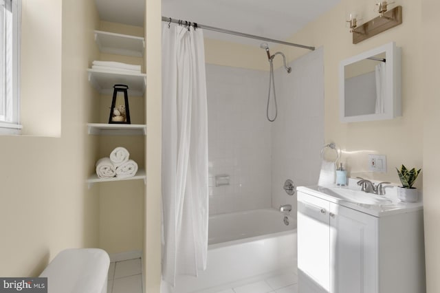 full bathroom with vanity, tile patterned floors, toilet, and shower / bathtub combination with curtain