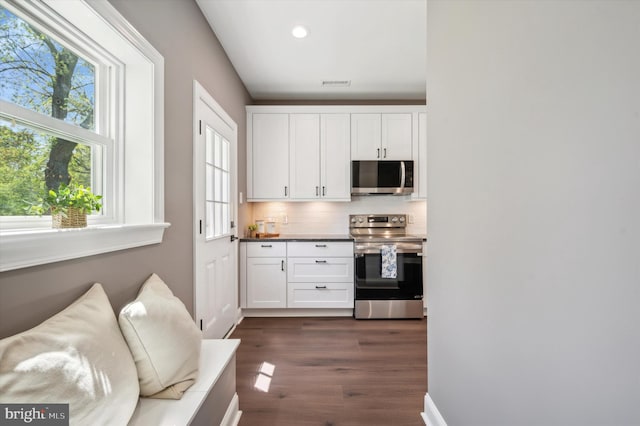 kitchen with stainless steel appliances, backsplash, white cabinetry, and dark wood-type flooring